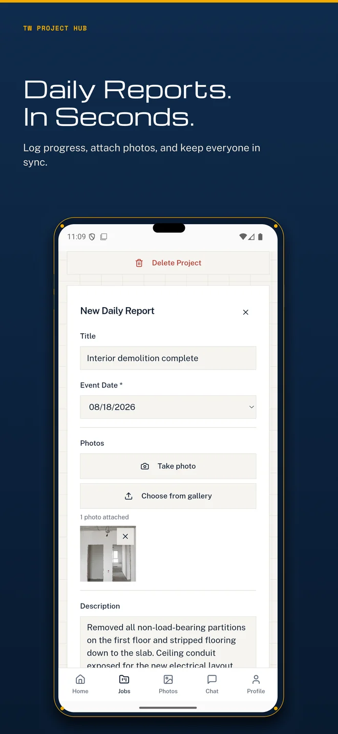 Daily reports in seconds. Log progress, attach photos and keep everyone in sync.