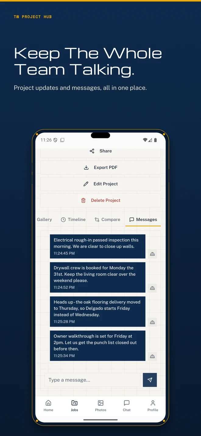 Keep the whole team talking. Project updates and messages in one place.